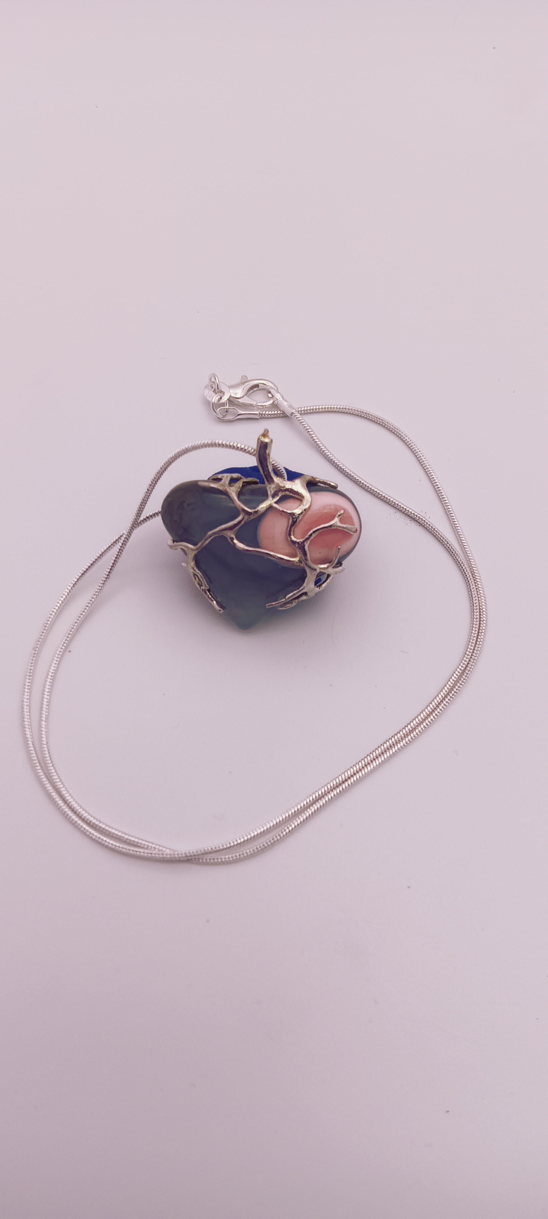 Thunderegg heart pendant silver wire wrap with snake chain necklace Jones Stones USA