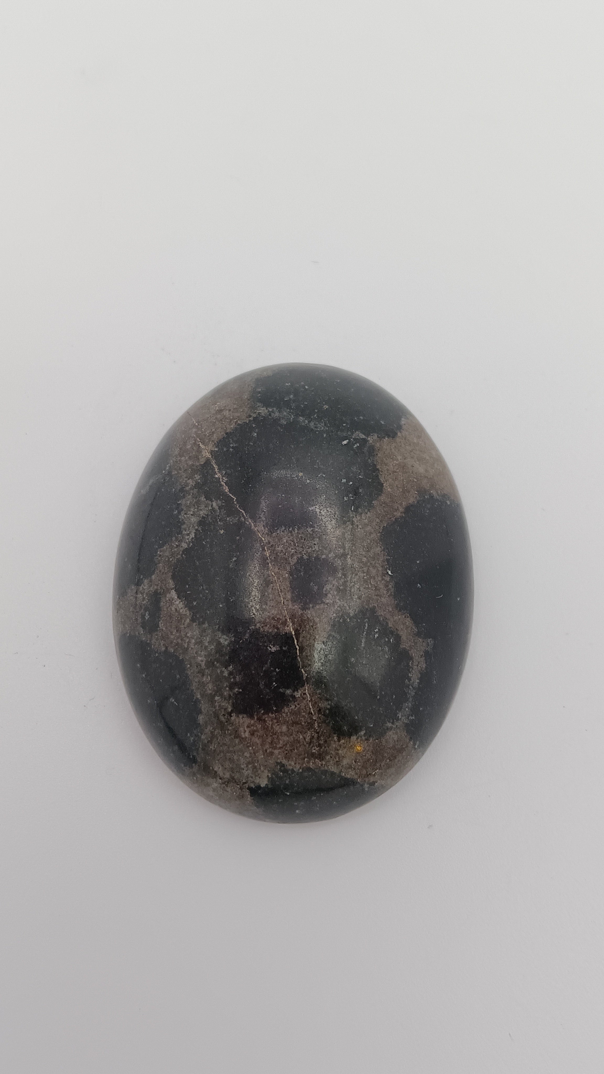 Dalmatian jasper oval 16mm top view showing black white spotted pattern by Jones Stones USA
