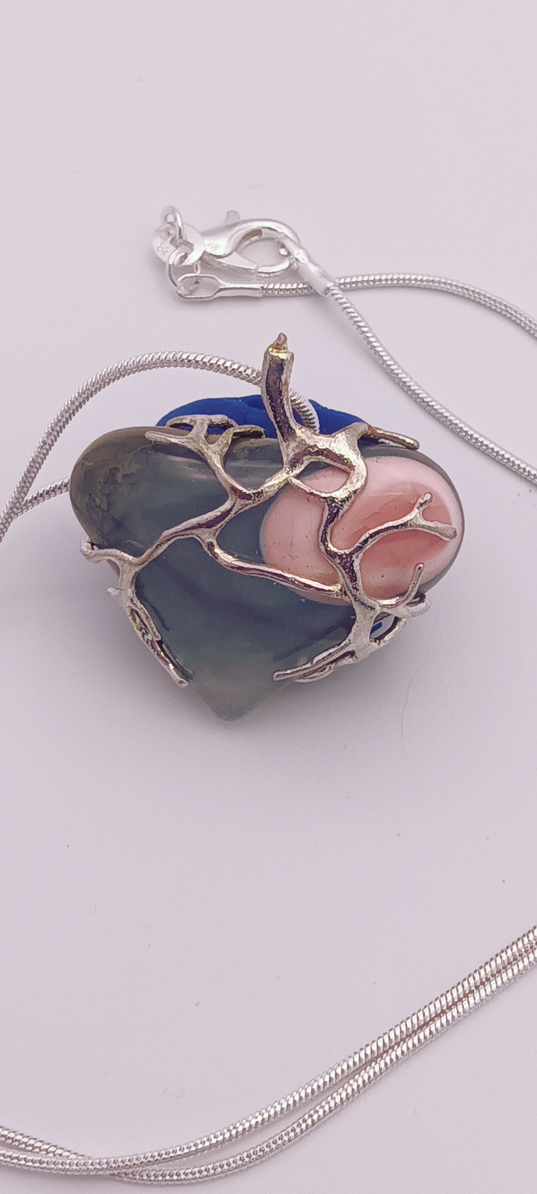 Thunderegg heart pendant silver wire wrap with snake chain necklace Jones Stones USA
